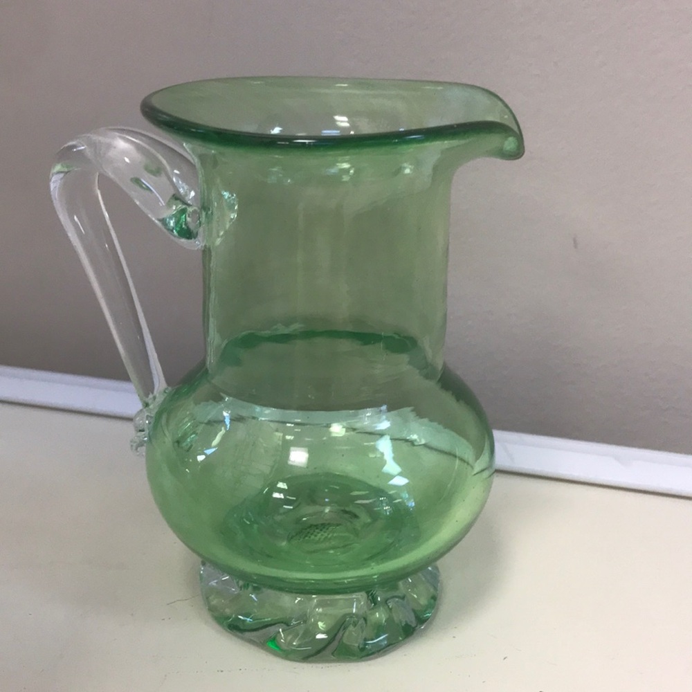 Vintage Signed Green Handblown Glass Pitcher w/ Applied Clear Glass Handle&Base